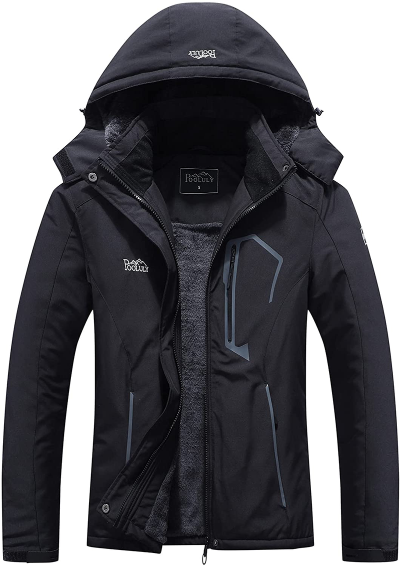 Pooluly Women's Ski Jacket Warm Winter Waterproof Windbreaker Hooded Raincoat Snowboarding Jackets  Pooluly Black Large 
