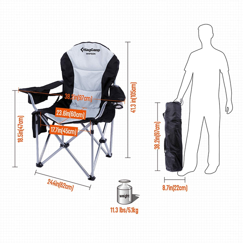 Kingcamp Camping Chair with Lumbar Back Support, Padded Folding Chair with Cooler, Armrest, Cup Holder, Oversized Quad Camp Chair Heavy Duty, Supports 350 Lbs