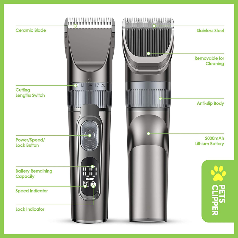 Domipet Dog Clipper for Grooming Professional Rechargeable Cordless Pet Grooming Kit Electric Hair Trimmers Shaver for Dogs Cats Quiet Comb Guides Scissors Cleaning Brush Oil Display Power Safety Lock Animals & Pet Supplies > Pet Supplies > Cat Supplies Domipet   