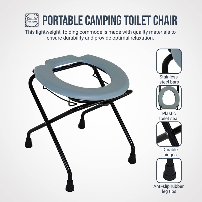 Kunida Designs Folding Toilet Commode with Removable Bucket - Portable Camping Toilet Chair - Medical Bedside Commode for Seniors - Stainless Steel - 17.7 Inches Tall Sporting Goods > Outdoor Recreation > Camping & Hiking > Portable Toilets & Showers Kunida Designs   