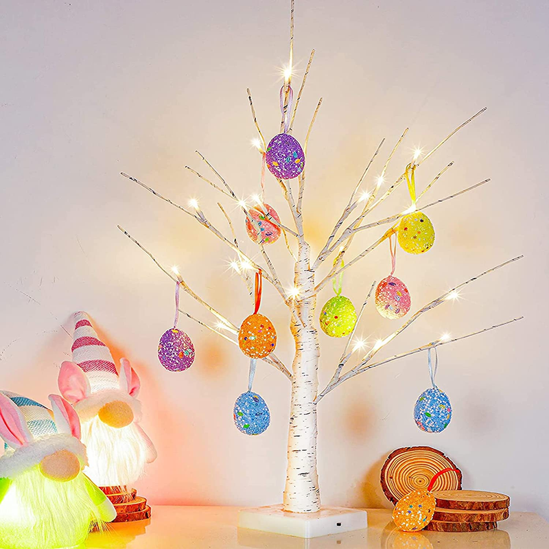 Kemooie 24 Inch Pre-Lit White Birch Tree with 10 Hanging Easter Egg Ornaments, 24 Led Lights Battery Operated Easter Table Centerpiece for Party Birthday Home Easter Decoration Spring Decoration