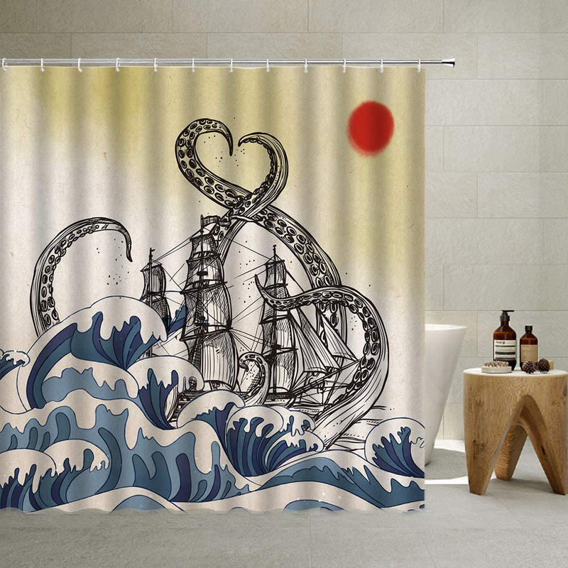 Nautical Biological Theme Shower Curtain Blue Ocean Sea Turtles Octopus Seahorse Beach Coral Reef Vintage Nautical Map Christmas New Year Decoration Bathroom Curtain with Hooks , Teal,70 X 70 Inch Home & Garden > Decor > Seasonal & Holiday Decorations& Garden > Decor > Seasonal & Holiday Decorations QYVLHD Gray Blue Yellow 70 X 70 Inch 