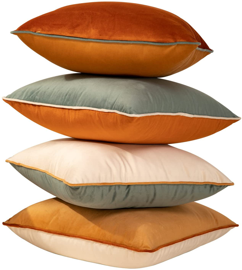 Plaid Pillow Covers 18X18 Inch Set of 4 Soft Velvet Decorative Throw Pillow Covers Square Cushion Case Solid Cushion Covers Modern Double-Colored Pillowcases for Home Couch Decoration Orange/Teal Home & Garden > Decor > Chair & Sofa Cushions Mejinon   