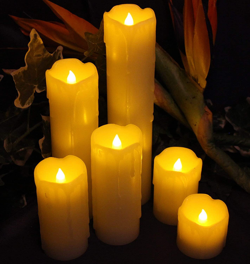 LED Lytes Timer Flameless Candles, Slim Set of 6, 2" Wide and 2"- 9" Tall, Ivory Color Wax and Flickering Amber Yellow Flame Battery Powered Flickering Candle Set