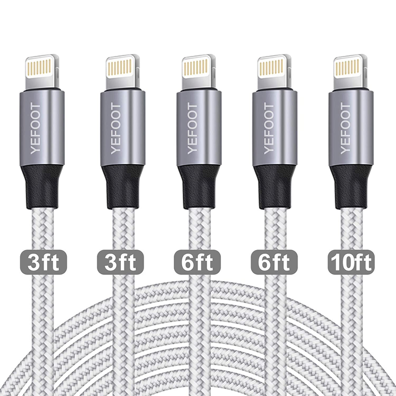 iPhone Charger [Apple MFi Certified] YEFOOT 5Pack(3/3/6/6/10FT) Compatible iPhone 12Pro Max/12Pro/12/11/Pro/Xs Max/X/8 and More-Silver&White Electronics > Electronics Accessories > Power > Power Adapters & Chargers YEFOOT Silver and White  