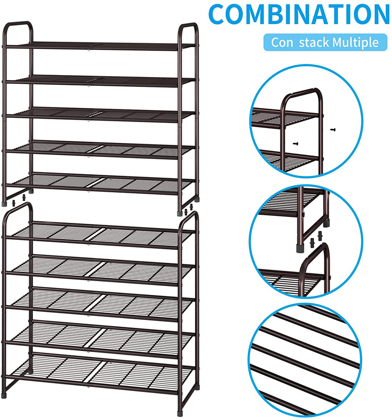 Simple Trending 5-Tier Stackable Shoe Rack, Expandable & Adjustable Shoe Organizer Storage Shelf with Side 6 Shoes Pockets, Wire Grid, Bronze Furniture > Cabinets & Storage > Armoires & Wardrobes Simple Trending   