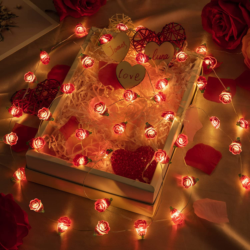 Fairy Romantic Red Rose String Lights, 30 LED 10 Ft Valentine'S Day Flowers Window Lights with Timer, Cute Wedding Anniversary Birthday Party Decoration Battery Operated for Bedroom Outdoor Indoor