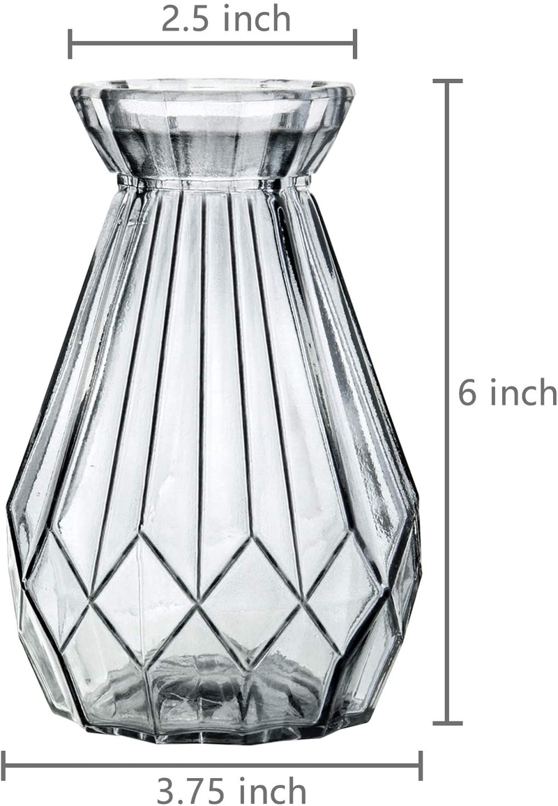 MyGift 6 Inch Decorative Clear Gray Glass Diamond-Faceted Flower Vases, Set of 2