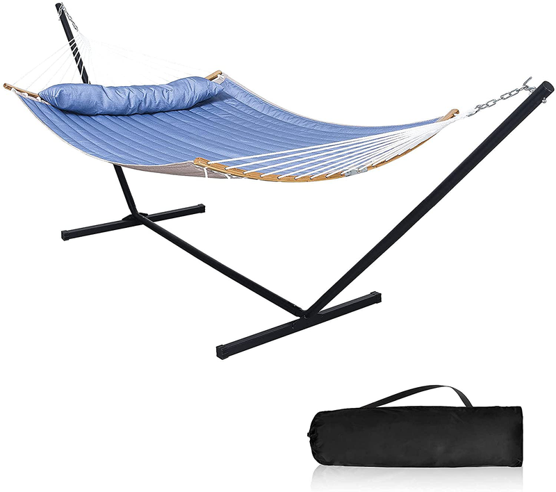 Mansion Home 2 Person Hammock with Stand,12 Ft, Heavy Duty 450 lbs, Outdoor Hammock with Curved Spreader Bar, Hammocks for Outside with Stand Pillow & Portable Bag, Blue