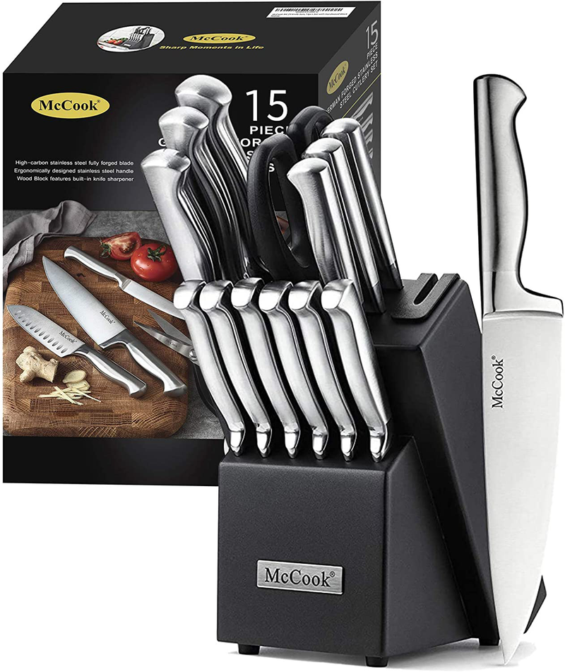 McCook MC29 Knife Sets,15 Pieces German Stainless Steel Kitchen Knife Block Sets with Built-in Sharpener Home & Garden > Kitchen & Dining > Tableware > Flatware > Flatware Sets McCook Black  