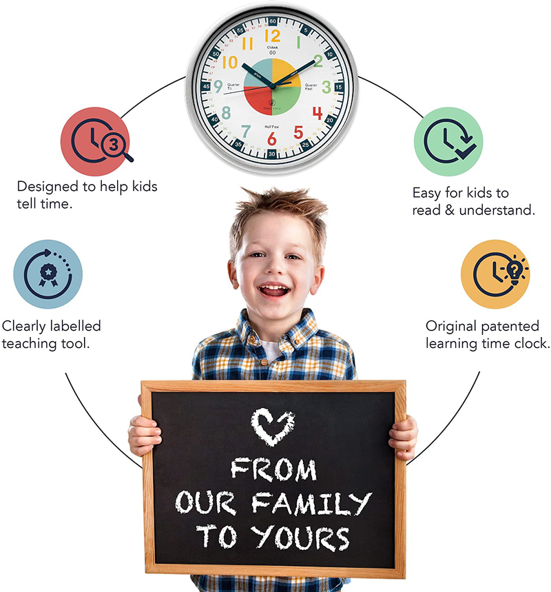 Owlconic Telling Time Teaching Clock - Kids Room, Playroom Analog Silent Wall Clock. Visual Learning Clock Time Resource. Perfect Educational Tool for Homeschool, Classroom, Teachers and Parents. Home & Garden > Decor > Clocks > Wall Clocks OWLCONIC   