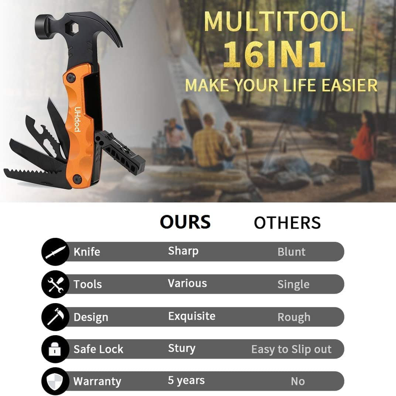 Multitool Gifts for Men Hammer Camping Accessories 16 in 1 Survival Gear Tool Equipment, Birthday Christmas Father'S Day Gifts for Dad Boyfriend Husband, Cool Gadget for Outdoor Camping Household