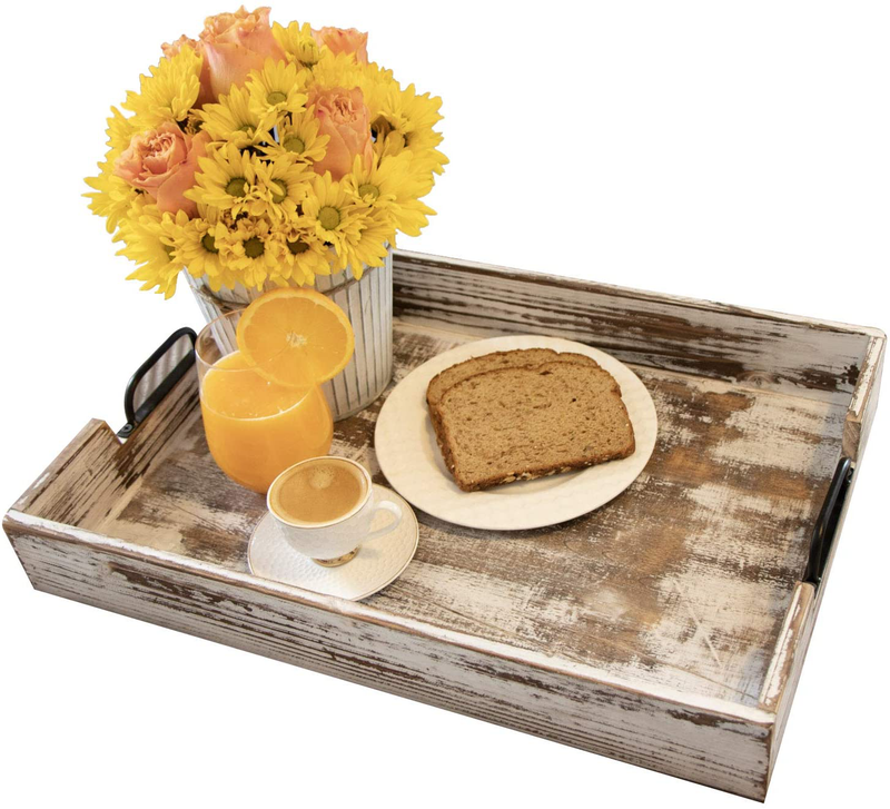 Home Decor Farmhouse Wooden Serving Tray- with Metal Handles, Distressed White, Extra Large 20 x 14 inch Home & Garden > Decor > Decorative Trays Winky Bee   