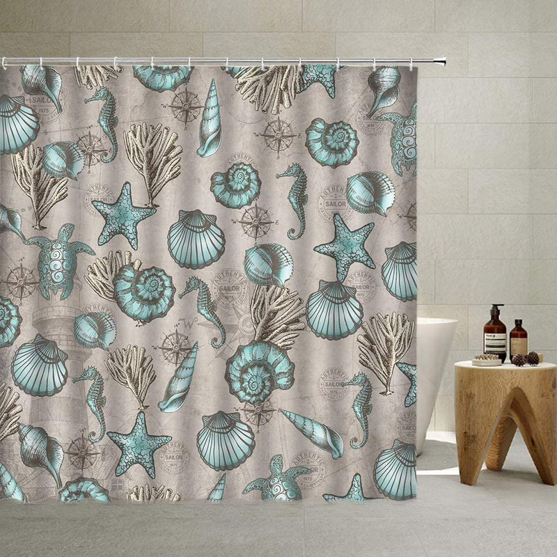 Nautical Biological Theme Shower Curtain Blue Ocean Sea Turtles Octopus Seahorse Beach Coral Reef Vintage Nautical Map Christmas New Year Decoration Bathroom Curtain with Hooks , Teal,70 X 70 Inch Home & Garden > Decor > Seasonal & Holiday Decorations& Garden > Decor > Seasonal & Holiday Decorations QYVLHD Gray Blue Brown 70 X 70 Inch 
