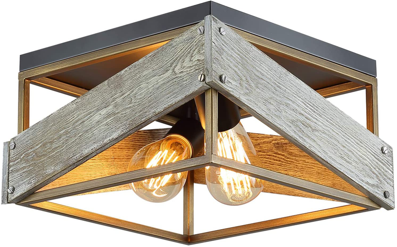 Modern Farmhouse Flush Mount Light Fixture Two-Light Metal and Wood Square Flush Mount Ceiling Light for Hallway Living Room Bedroom Kitchen Entryway,Antique Gold and Black Home & Garden > Lighting > Lighting Fixtures > Ceiling Light Fixtures KOL DEALS   