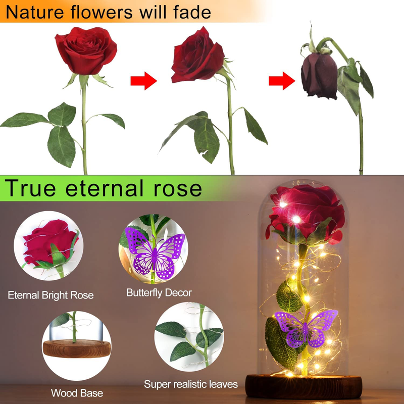Igeekid Valentine'S Day Rose Gift for Her, Artificial Flower Red Silk Rose Warm Lights Butterfly Wooden Base Last Forever in Glass Dome Wedding Anniversary Valentines Gift for Women Girlfriend Wife
