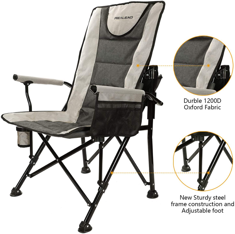 Realead Adjustable Oversized Folding Chair High Back Camp Chair Beach Chair Heavy Duty Portable Camping and Lounge Travel Outdoor Seat with Cup Holder,Heavy Duty Supports 400 Lbs