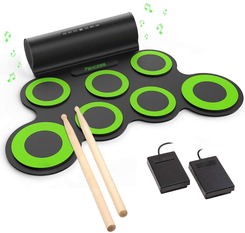 PAXCESS Electronic Drum Set, Roll Up Drum Practice Pad Midi Drum Kit with Headphone Jack Built-in Speaker Drum Pedals Drum Sticks 10 Hours Playtime, Great Holiday Birthday Gift for Kids  PAXCESS green  