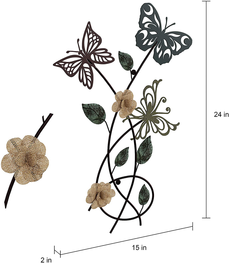 Lavish Home Garden Metal Wall Art Hand Painted 3D Butterflies/Flowers for Modern Farmhouse Rustic Home or Office Decor, 15” L x 2” W x 24” H, Multicolor