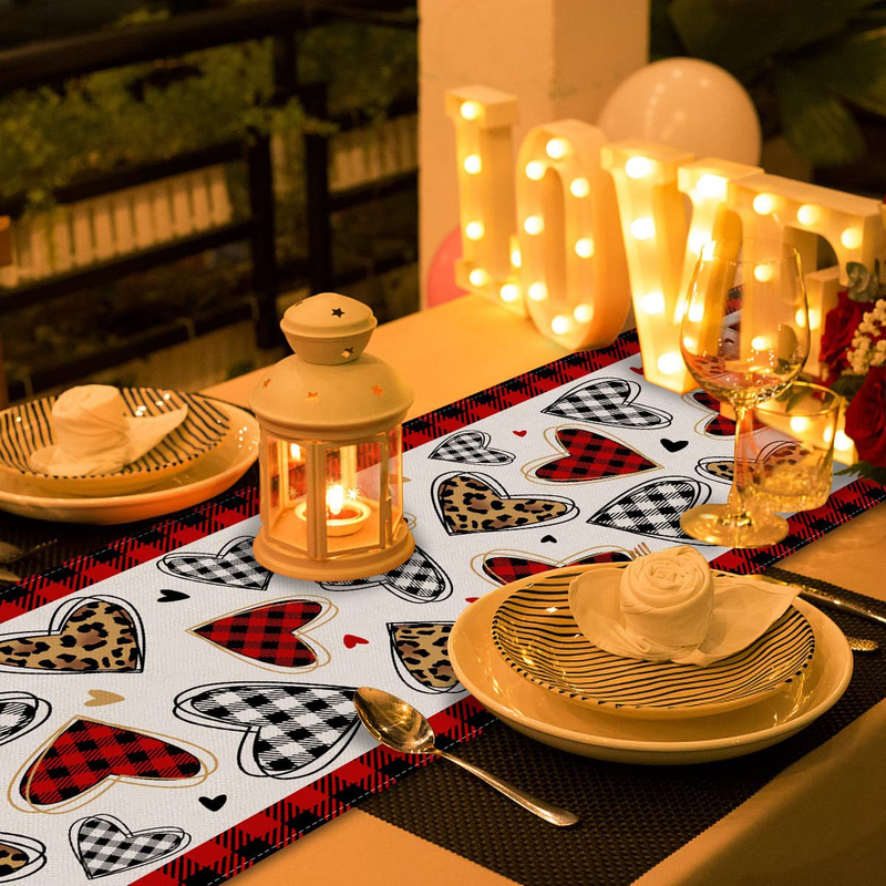 Pudodo Valentine'S Day Table Runner Love Heart Buffalo Plaid Check Leopard Print Wedding Anniversary Kitchen Dinning Home Decorations Home & Garden > Decor > Seasonal & Holiday Decorations Pudodo   
