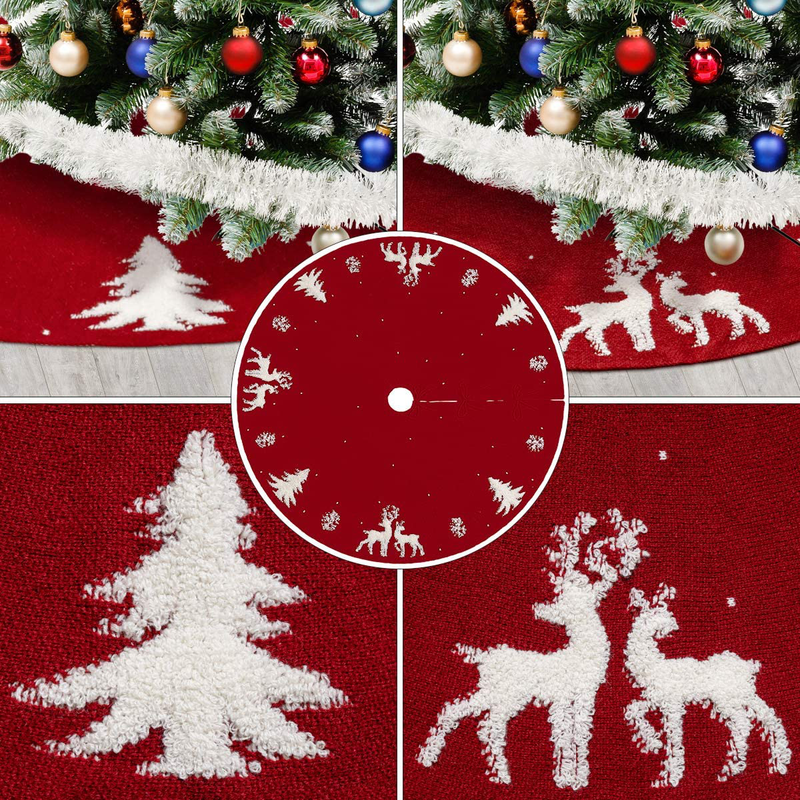 Huanchenda Christmas Tree Skirt 48 Inches Knitted Tree Skirt Elk Christmas Red Tree Dress Tree Mat for Holiday Decoration New Year Party (Red) Home & Garden > Decor > Seasonal & Holiday Decorations > Christmas Tree Skirts Huanchenda   