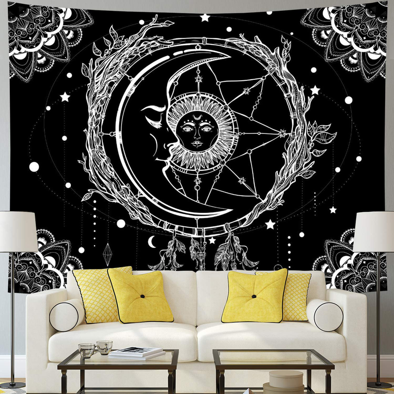 Moon and Sun Tapestry Psychedelic Bohemian Mandala Wall Tapestry Black and White Indian Hippy Celestial Tapestry Starry Dreamcatcher Tapestry Wall Hanging for Bedroom Living Room Dorm(W59.1" × H51.2") Home & Garden > Decor > Artwork > Decorative Tapestries Racunbula Moon Medium 