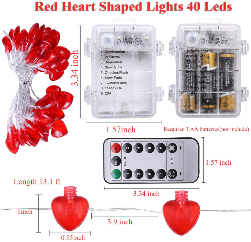 Cooraby 13.1 Feet 40 3D Heart Shaped LED String Lights Twinkle Fairy Lights Battery Operated with 8 Flash Modes, Remote and Timer for Indoor Outdoor Party Wedding Valentine'S Day Mother'S Day Decor Home & Garden > Decor > Seasonal & Holiday Decorations Cooraby   