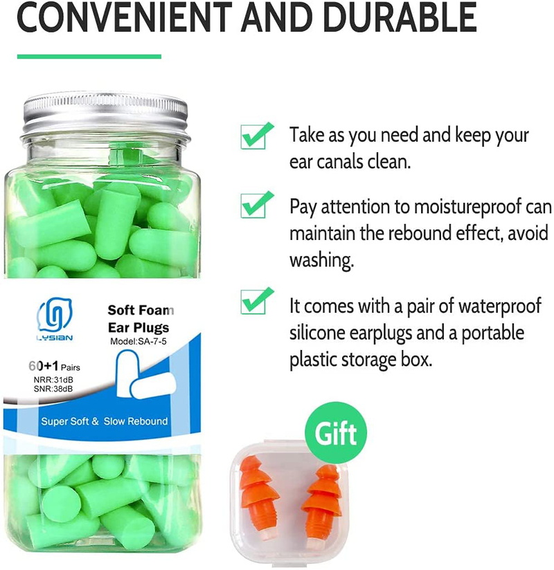 LYSIAN Ultra Soft Green Foam Earplugs 60 Pairs with Reusable Silicone Earplug, 38dB SNR Ear Plugs for Sleeping, Snoring, Work, Travel, Shooting and All Loud Events…
