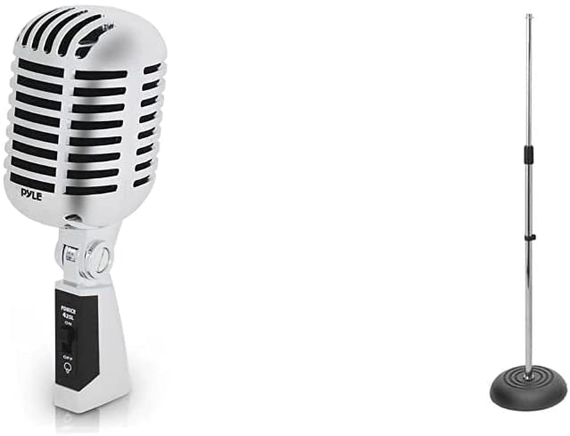 Classic Retro Dynamic Vocal Microphone - Old Vintage Style Unidirectional Cardioid Mic with XLR Cable - Universal Stand Compatible - Live Performance In Studio Recording - Pyle PDMICR42SL (Silver) Electronics > Audio > Audio Components > Microphones Pyle Silver Microphone + Stand 