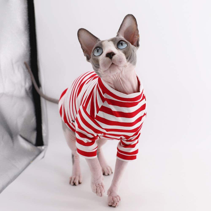 Sphynx Hairless Cat Red Stripe Breathable Summer Cotton T-Shirts Pet Clothes,Round Collar Vest Kitten Shirts Sleeveless, Cats & Small Dogs Apparel Animals & Pet Supplies > Pet Supplies > Cat Supplies > Cat Apparel Kitipcoo   