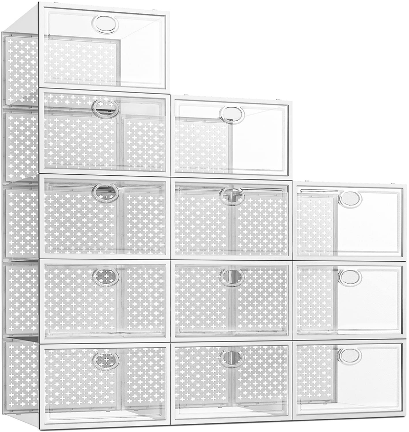 Pinkpum 12 Pack Shoe Storage Boxes, Clear Stackable Shoe Containers for Closet, Sneaker Storage Fit for Size 11 Furniture > Cabinets & Storage > Armoires & Wardrobes PINKPUM   