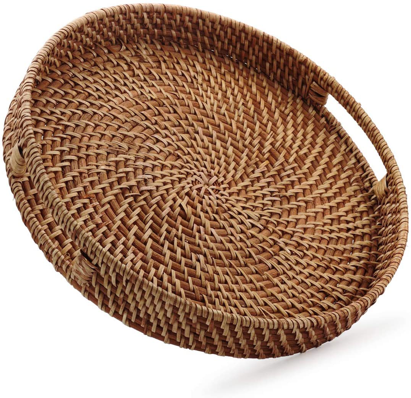 Round Rattan Woven Serving Tray with Handles Ottoman Tray for Breakfast, Drinks, Snacks for Coffee Table, Home Decorative (Honey Brown, 13.8"x2") Home & Garden > Decor > Decorative Trays DECRAFTS Honey Brown 13.8 inch x2 inch 