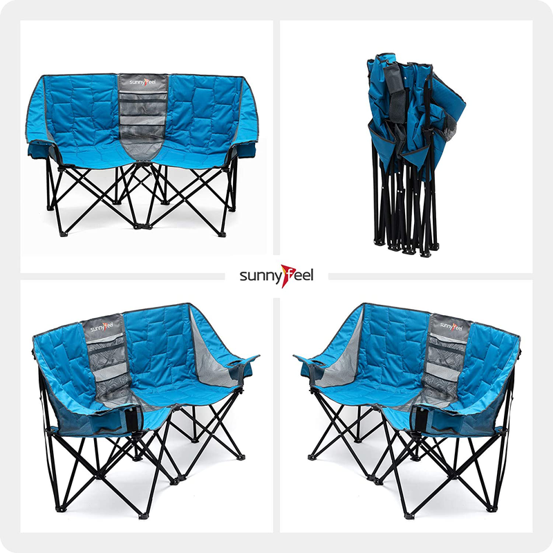 Sunnyfeel Double Folding Camping Chair, Oversized Loveseat Chair, Heavy Duty Portable/Foldable Lawn Chair with Storage for Outside/Outdoor/Travel/Picnic, Fold up Camp Chairs for Adults 2 People