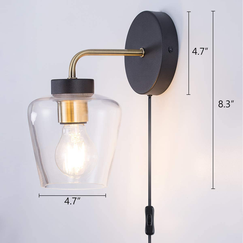 Tehenoo Plug in Wall Sconce, Clear Glass Shade,Modern Matte Black Wall Lamp with Brass Accent Edison Socket for Bedroom,Bedside Living Room,E26 Base