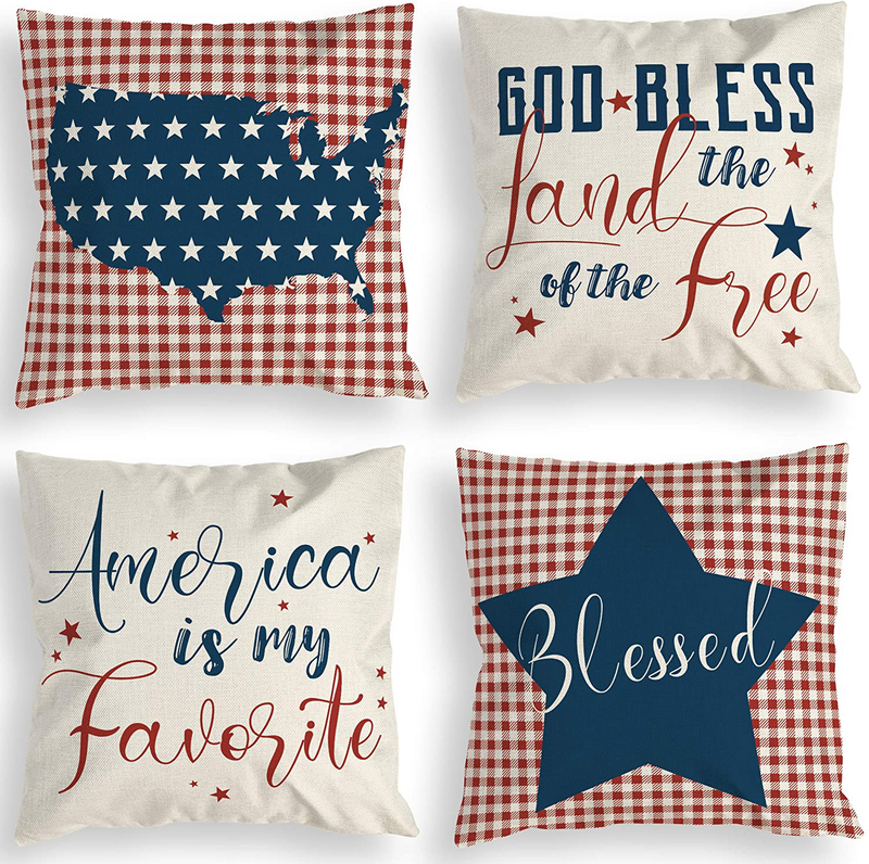 Patriotic Pillow Covers 4th of July Independence Day American Map Stars Blessed Red and Blue Buffalo Check Quote Rustic Bedroom Decor Cushion Covers Linen Decorative Square Set of 4 18x18 inch Home & Garden > Decor > Chair & Sofa Cushions Doublucky 4th of July 2  