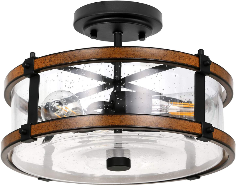 Hykolity 3 Light Close to Ceiling Light, Industrial Semi Flush Mount Light Fixture W/ Bubble Glass Lampshade, Black & Faux Wood Metal, for Entry,Hallway, Bedroom (Bulb Not Included) Home & Garden > Lighting > Lighting Fixtures > Ceiling Light Fixtures KOL DEALS   