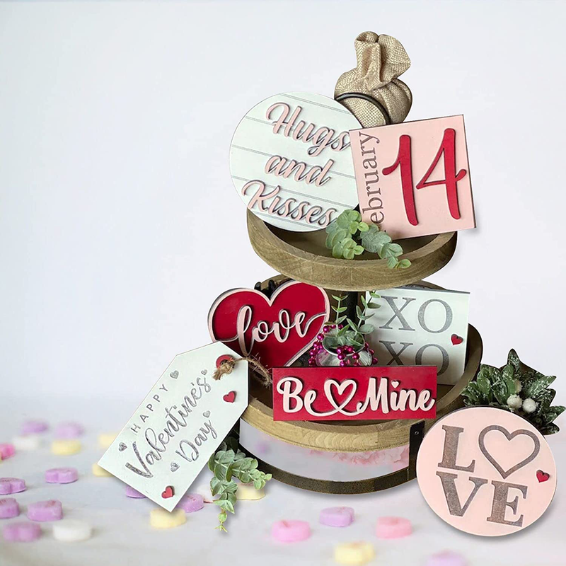 Flsofot Valentine'S Day Decorations - Valentines Day Tiered Tray Decor Farmhouse Tiered Tray Decor with 7Pcs Love Theme Sign Decorations for Holiday Home Tabletop Decor Gift for Lovers
