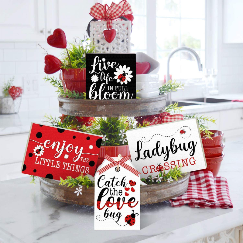 Huray Rayho Tiered Tray Decorations Ladybug Wooden Blocks Sign Modern Style For Home Farmhouse Rustic Ladybird Decor Kitchen Shelf Display Summer Holiday Party Favors Gifts (4 piece) Home & Garden > Decor > Decorative Trays Huray Rayho Default Title  