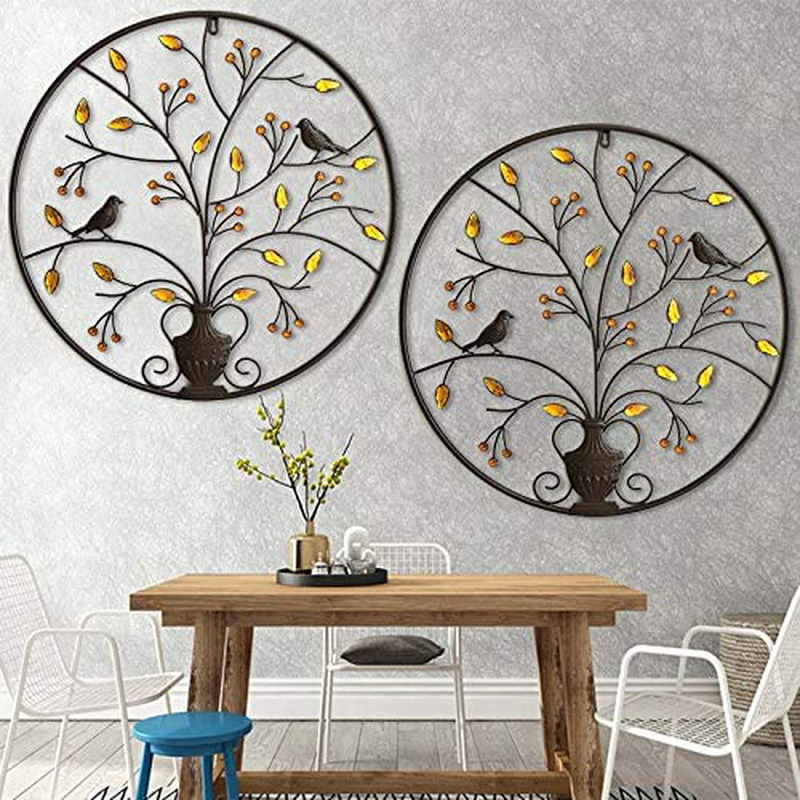 MKUN Iron Wall Sculptures - Metal Round Wall Decor with Tree and Birds Art Great for Home Hotel Decoration (Brown)
