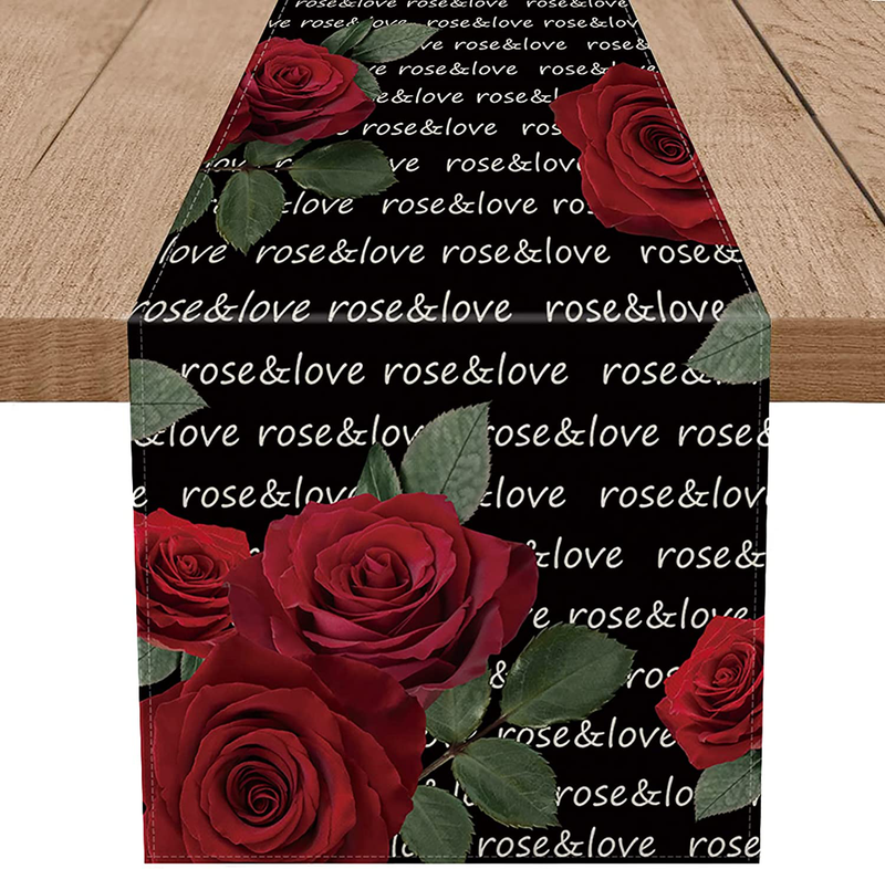 GAGEC Valentines Day Table Runner Rose Love Happy Valentine'S Day 13 X 72 Inch Black Table Runners Dining Indoor Outdoor Decorations Home Kitchen Party Wedding Anniversary Decor Home & Garden > Decor > Seasonal & Holiday Decorations GAGEC 13'' X 108''(33x274cm)  