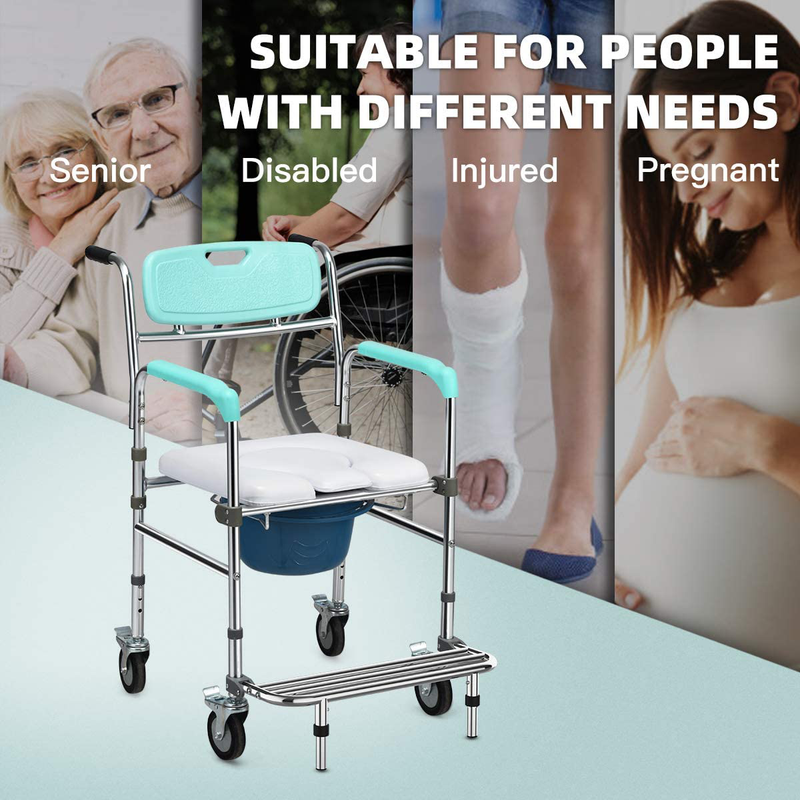 Giantex 3 in 1 Lightweight Shower Commode Wheelchair, Transport Bedside Commode with Wheels, Wheelchair Height and Pedal Adjustable, Shower Wheelchair for Elder, Disabled People (Turquoise & White) Sporting Goods > Outdoor Recreation > Camping & Hiking > Portable Toilets & ShowersSporting Goods > Outdoor Recreation > Camping & Hiking > Portable Toilets & Showers Giantex   