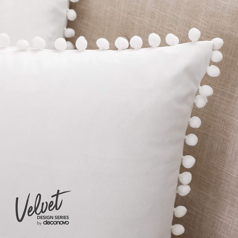 Deconovo Decorative Throw Pillow Covers Soft Velvet Outdoor Cushion Covers 18 X 18 Inch with Pom Poms for Sofa Bed, Set of 2, Cream White Home & Garden > Decor > Chair & Sofa Cushions Deconovo   