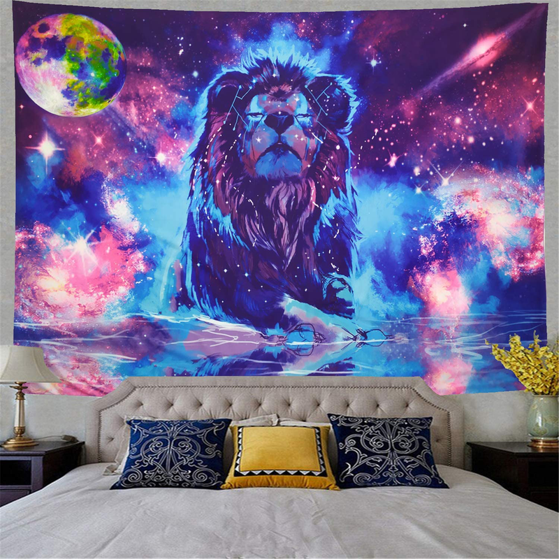 Starry Fantasy Lion Tapestry Moon Lion Wall Tapestry Psychedelic Constellation Wall Hanging Indian Hippie Colorful Leo Universe Galaxy Tapestry