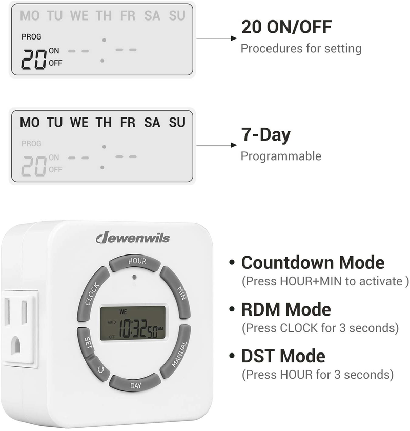 DEWENWILS 7 Day Digital Outlet Timer, 2 Grounded Outlets, Countdown/Random/DST Mode, Up to 20 On/Off Circle, Indoor Plug in Timer for Lights, Holiday Decor, Fish Tank, ETL Listed Home & Garden > Lighting Accessories > Lighting Timers DEWENWILS   