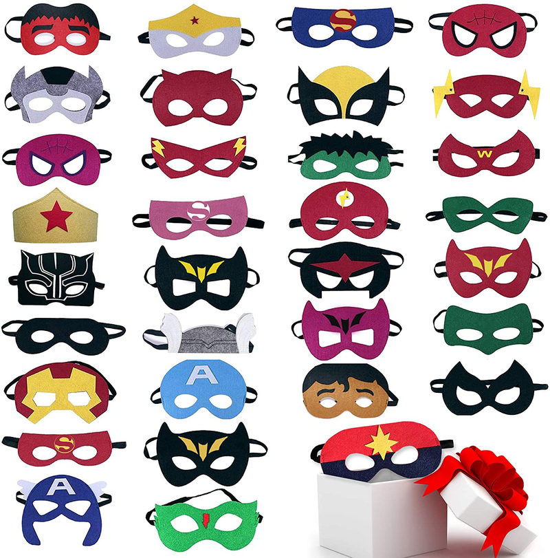 Superhero Masks Party Favors for Kid (33 Packs) Felt and Elastic - Superheroes Birthday Party Masks with 33 Different Types for Children
