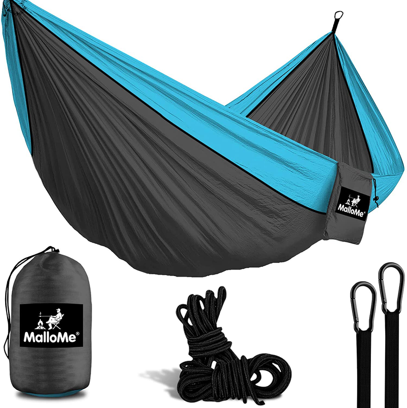 MalloMe Camping Hammock with Ropes - Double & Single Tree Hamock Outdoor Indoor 2 Person Tree Beach Accessories _ Backpacking Travel Equipment Kids Max 1000 lbs Capacity - Two Carabiners Free Home & Garden > Lawn & Garden > Outdoor Living > Hammocks MalloMe Dark Grey & Sky Blue 2 Person 
