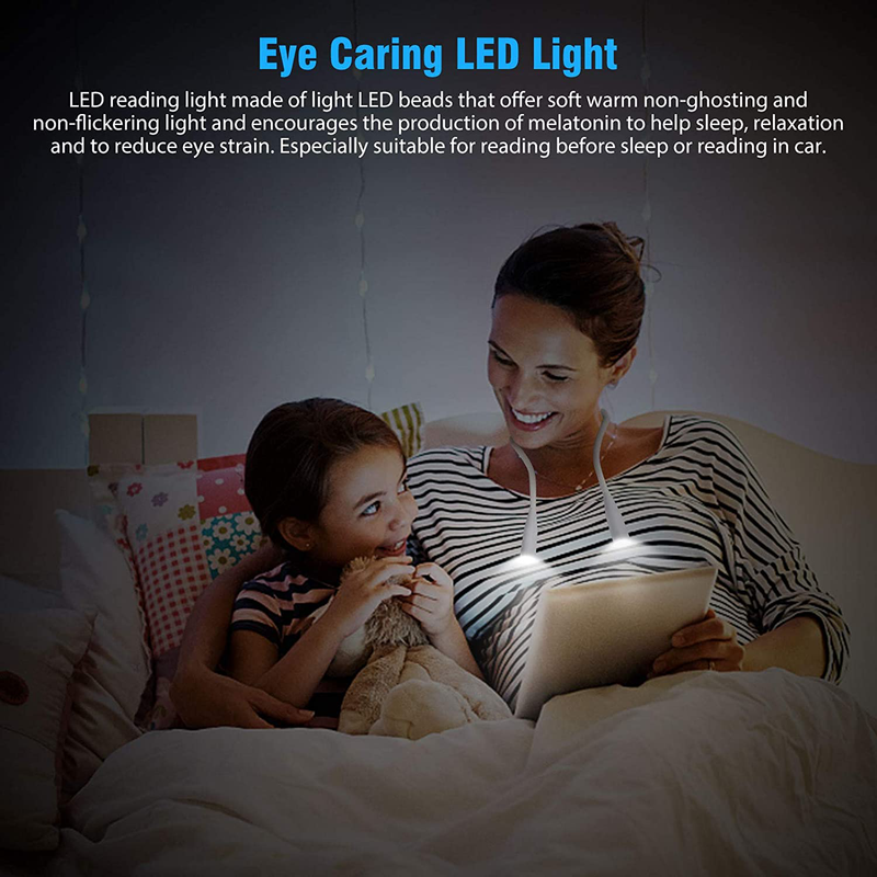 LED Neck Reading Light, Book Light for Reading in Bed, LED Eye Care Book Light for Reading Bendable Arms, Rechargeable, Long Lasting LED Book Light Perfect for Reading, Knitting, Camping, Repairing