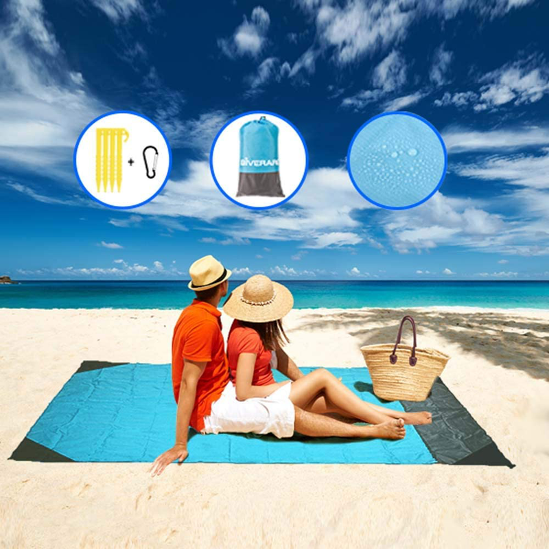 GIVERARE Sandfree Beach Blanket, Large Waterproof Picnic Blanket, Quick Drying Indoor&Outdoor Family Mat with 4 Stakes&4 Corner Pockets for Travel, Camping, Hiking, Music Festival Home & Garden > Lawn & Garden > Outdoor Living > Outdoor Blankets > Picnic Blankets GIVERARE 80*55" Blue/Grey  