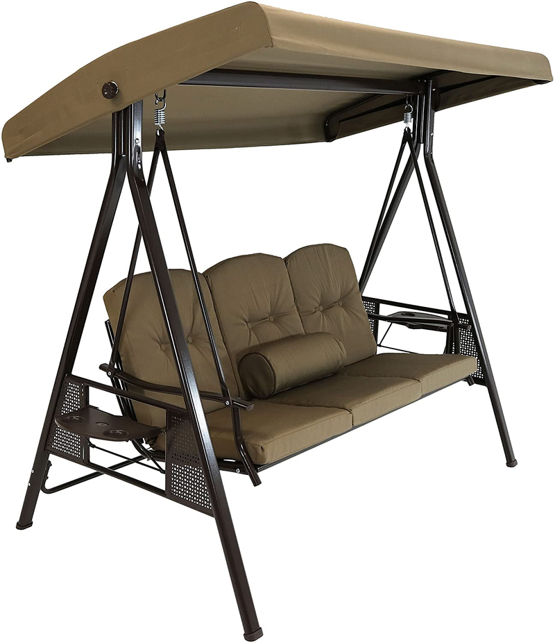 Sunnydaze 3-Person Outdoor Patio Swing Bench with Adjustable Tilt Canopy, Durable Steel Metal Frame, Cushions and Pillow Included, Brown Home & Garden > Lawn & Garden > Outdoor Living > Porch Swings Sunnydaze Beige  