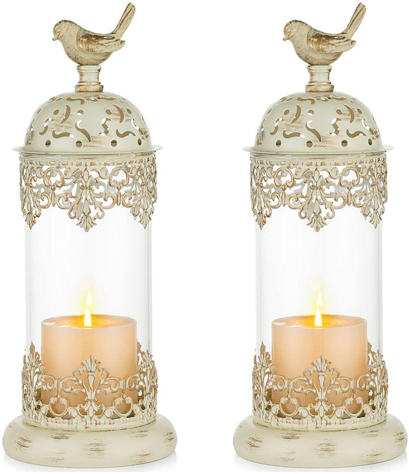 NUPTIO 2 Pcs Vintage Pillar Candle Holders Moroccan Wrought Iron Hurricane Candle Holder Ornate Centerpiece for Mantlepiece Decorations, Candlestick Holders for Table Living Room Balcony Garden
